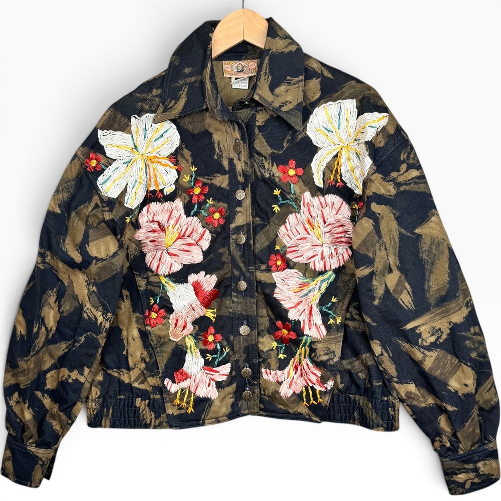 Gene Ewing Bis Bomber Jacket Camo Floral Embroidered VTG 1991 Funky Boho Fit M/L